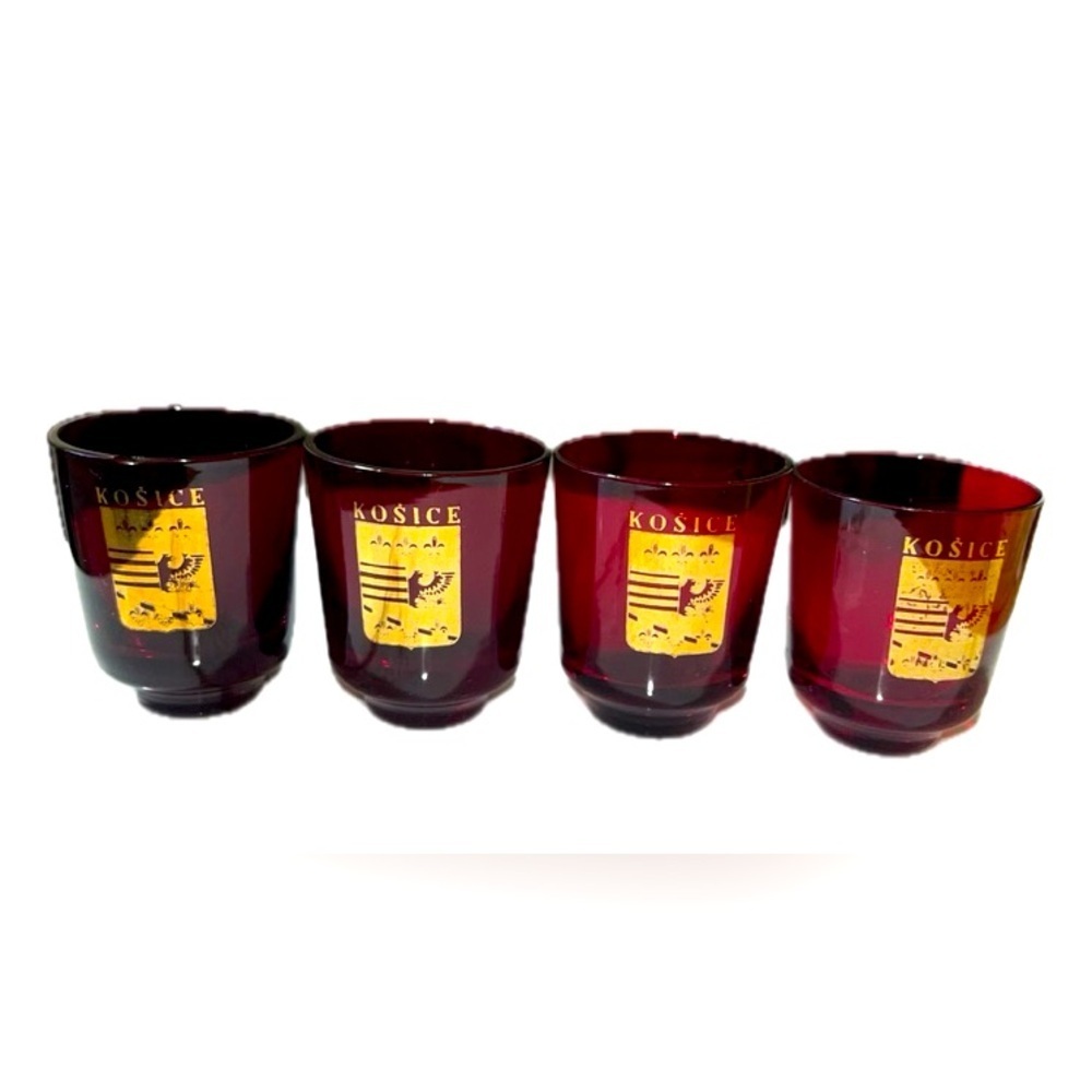 Košice miniature rocks glasses, red, quantity (4), one has a tiny chip on edge.